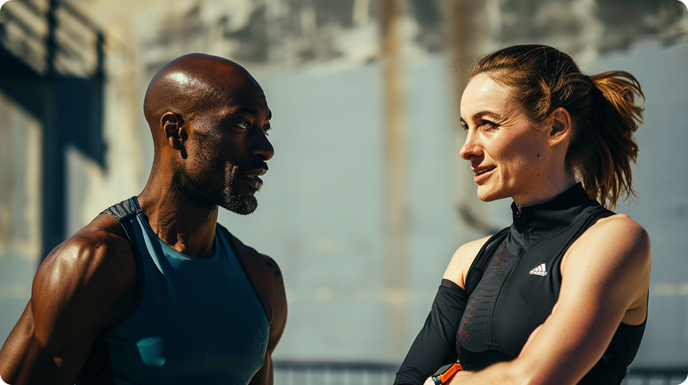 Two athletes discussing training outdoors